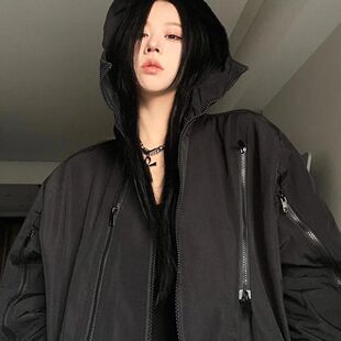 跨境美式复古黑色冲锋衣外套女春秋潮牌ins连帽防风防水上衣夹克