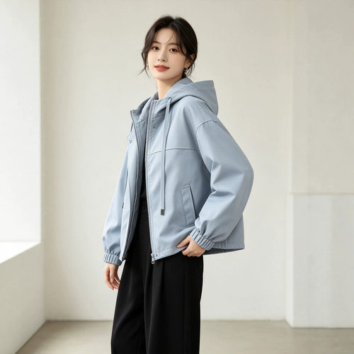 短款连帽通勤外套女2026年新款春秋款小个子宽松休闲夹克上衣