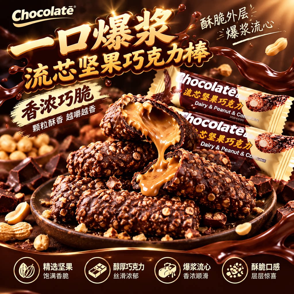 爆浆流心坚果巧克力棒解馋零食代可可脂流芯花生夹心酥脆能量棒gh