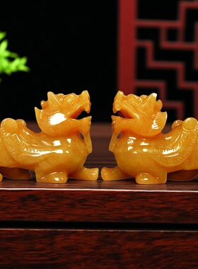 天然黄玉貔貅摆件一对玉石飞天皮丘大号家居办公室摆放工艺品装饰