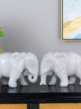 天然玉石大象摆件一对家居客厅办公室乔迁店铺开业装饰品礼品摆设
