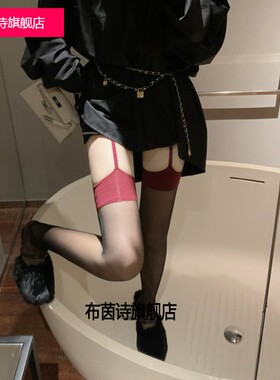 性感吊带一体袜子黑色丝袜女拼接红边黑丝高筒薄款纯欲长筒过膝袜