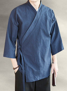 七分袖男款汉服夏季纯棉茶服道袍 中国风斜襟上衣禅意居士服藏青