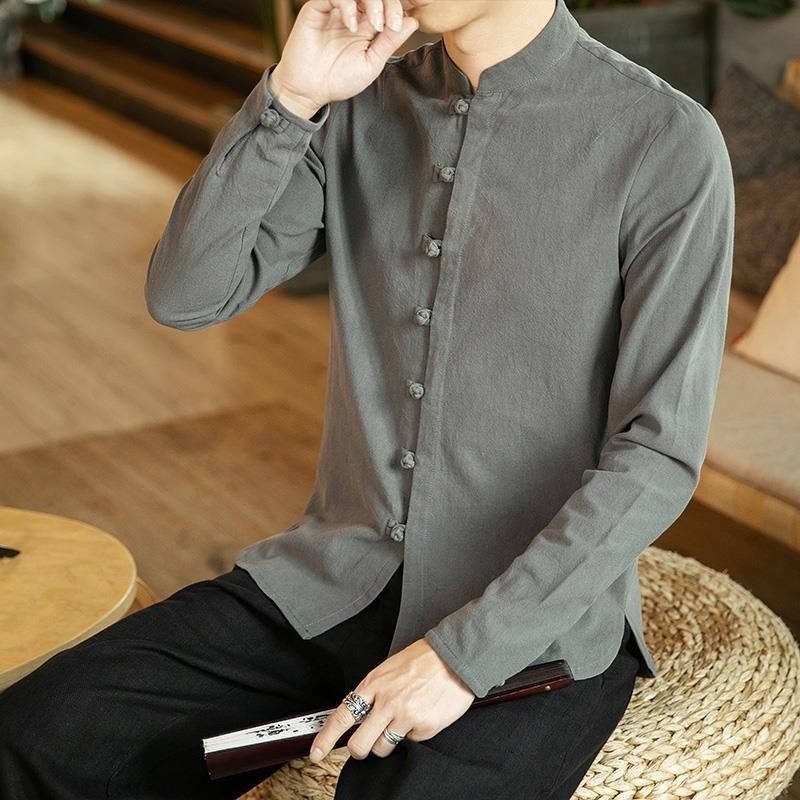 长袖衬衫男2023春季新款中国风男装盘扣立领复古唐装衬衣polo衫潮