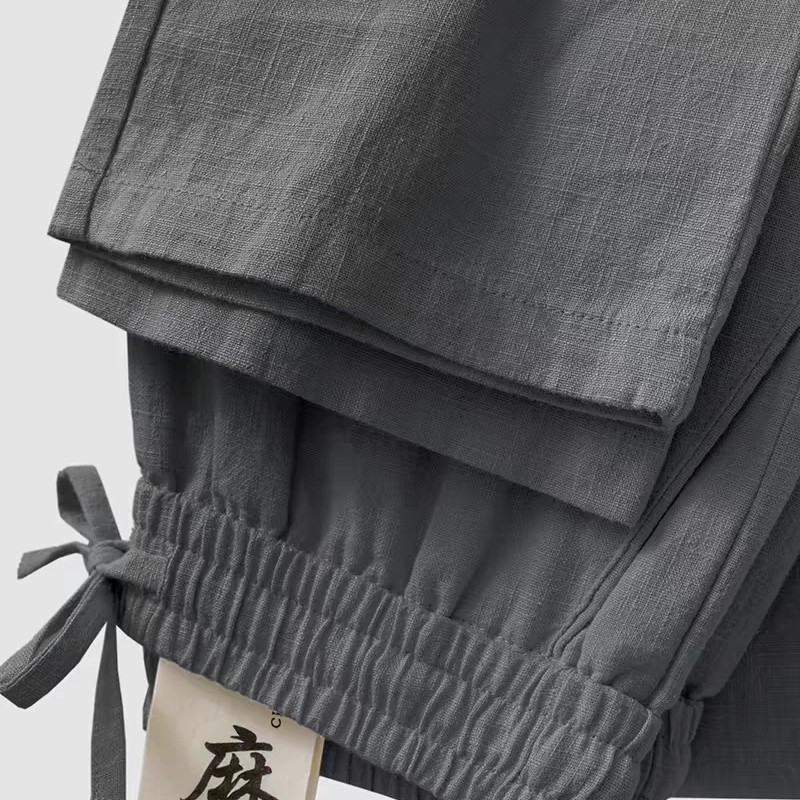 高端亚麻裤炭灰色棉麻裤子宽松直筒裤夏季薄款长裤男士垂感休闲裤