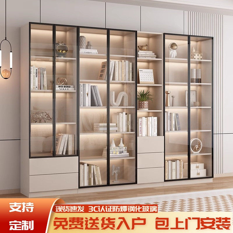 轻奢玻璃门书柜客厅靠墙一体落地防尘书柜书架简约现代储物展示柜