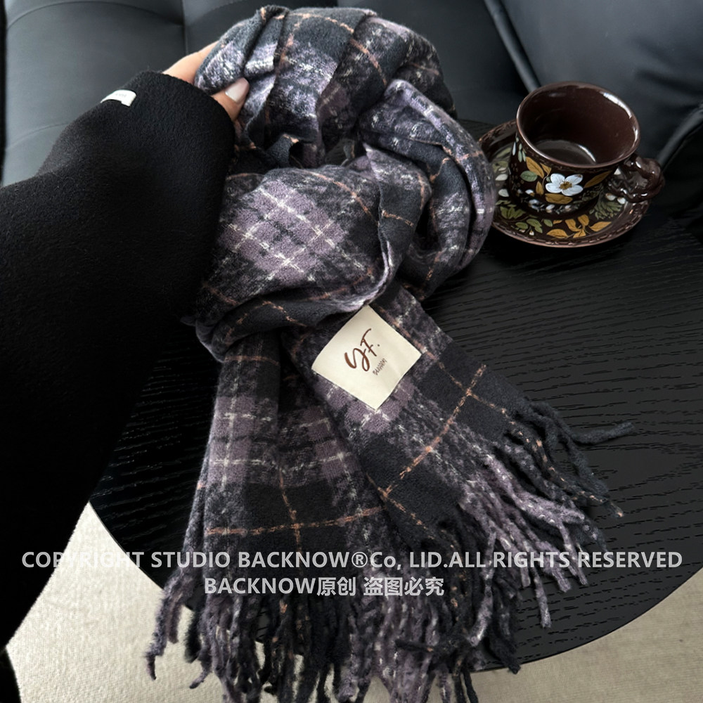 BACKNOW复古格子仿羊绒围巾男女