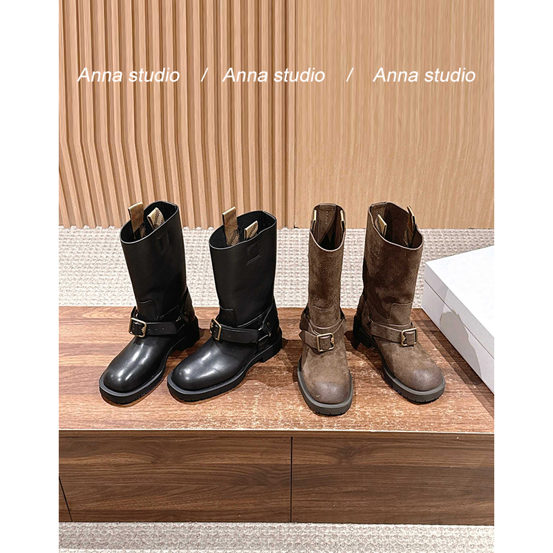 复古做旧牛皮中筒机车骑士靴女