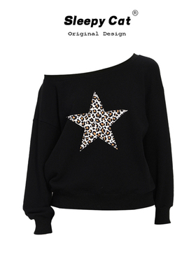 foruyes 美式辣妹豹纹五角星斜肩卫衣女秋季宽松显瘦黑色露肩上衣