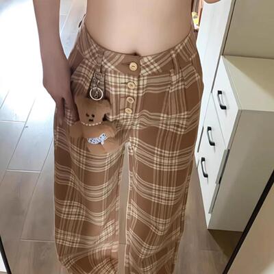美式复古小熊咖色格子休闲阔腿裤女宽松设计感小众加绒加厚直筒裤