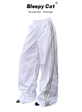 sunoneone 美式拼色宽松直筒休闲裤女夏韩版慵懒抽绳百搭运动裤子