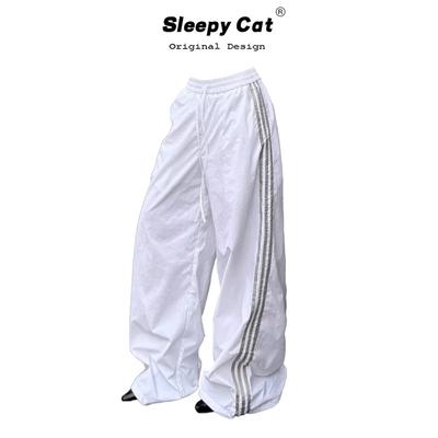 sunoneone 美式拼色宽松直筒休闲裤女夏韩版慵懒抽绳百搭运动裤子