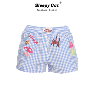 Sleepy cat瞌睡猫 多巴胺格子短裤女夏新款创意印花休闲裤沙滩裤