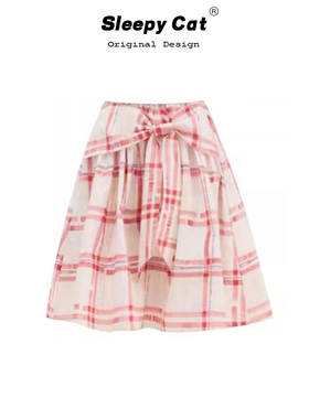 Amweird  韩系红白格纹蝴蝶结系带打褶半身裙夏高腰显瘦百搭a字裙