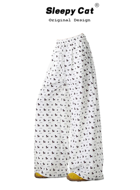 HEYABC 慵懒风休闲裤女满印小狗印花白色阔腿裤宽松直筒拖地长裤