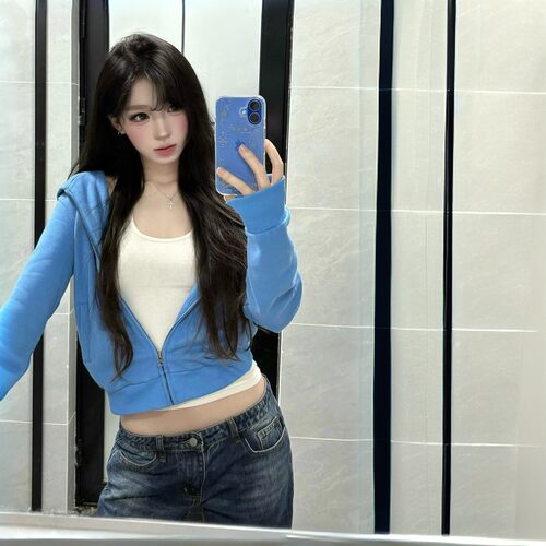 BESOBER 美式复古做旧水洗蓝色拉链女款秋季百搭短款连帽开衫卫衣