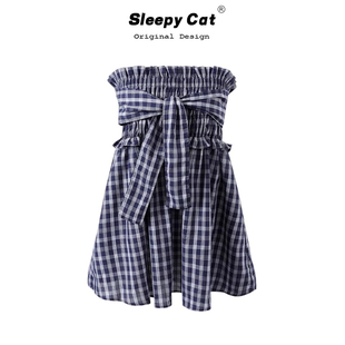 7shiftin 格纹绑带抹胸上衣木耳边打揽设计感气质显瘦半身裙两穿