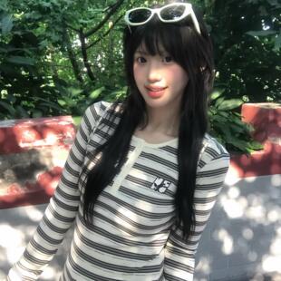 NSTNEW START韩系休闲黑白条纹亨利领长袖T恤春秋女内搭上衣新款
