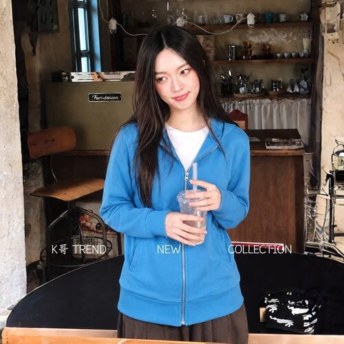 BESOBER 蓝色水洗女秋季修身短款拉链开衫休闲百搭连帽卫衣外套