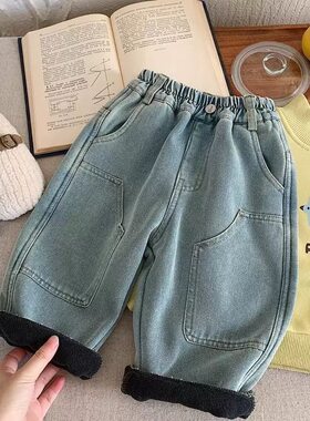 男女童冬装牛仔裤宝宝洋气儿童个性潮韩版加厚一体绒大口袋萝卜裤