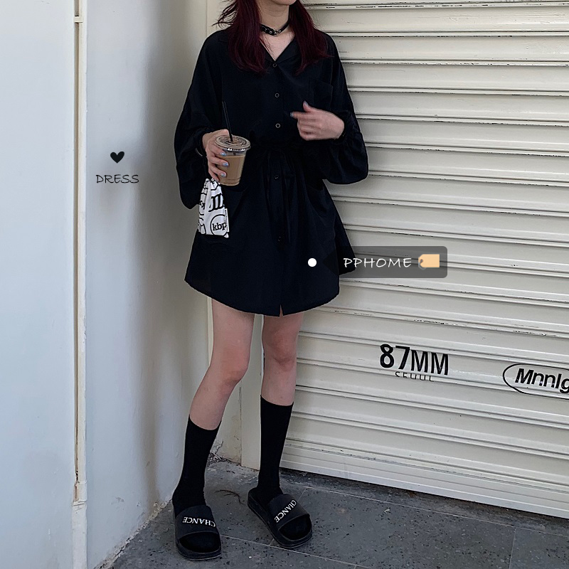 PPHOME韩系seoul首尔少女 山本风慵懒纸片人抽绳收腰灯笼袖连衣裙49.90元包邮