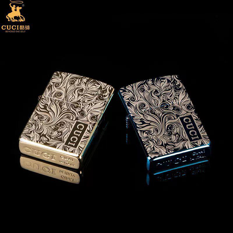 意大利cuci酷骑煤油打火机铜壳冰面雕刻多种图案砂轮防风火机
