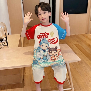 儿童睡衣男童卡通哪吒敖丙2025夏季短袖高端全棉连体衣空调服套装