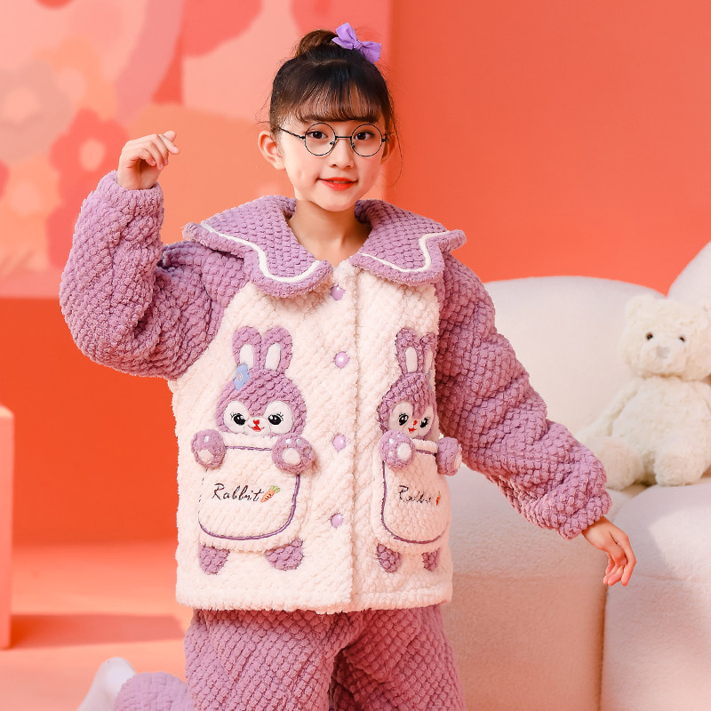 儿童睡衣三层夹棉母女装卡通冬季