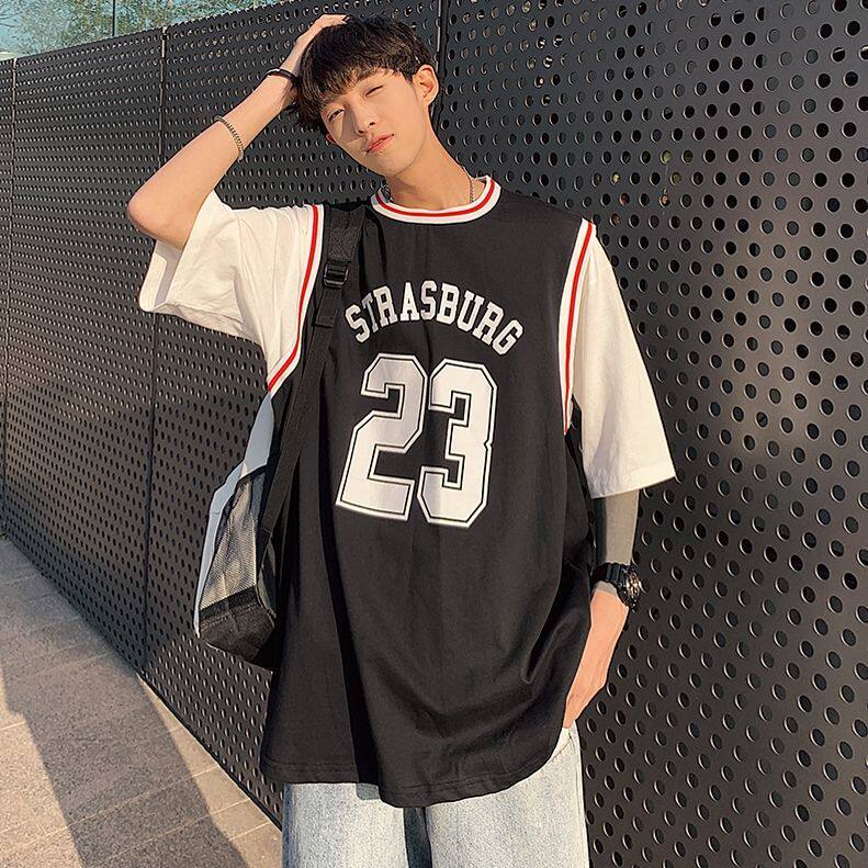 夏季球衣宽松外穿篮球背心纯棉男女运动短袖上衣服情侣假两件t恤