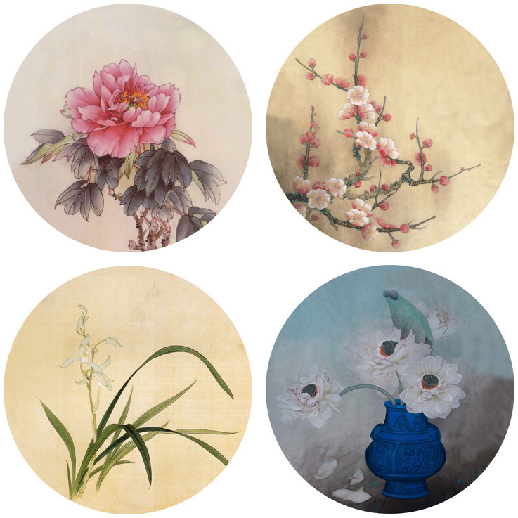 工笔画圆形花梅兰花团扇4幅初学者线描稿白描底稿勾线实物打印稿