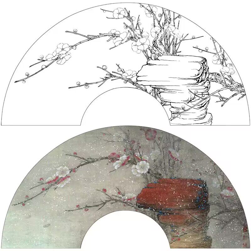 有步骤说明李晓明工笔画白描底稿扇面梅花图初学临摹宣纸过稿222l