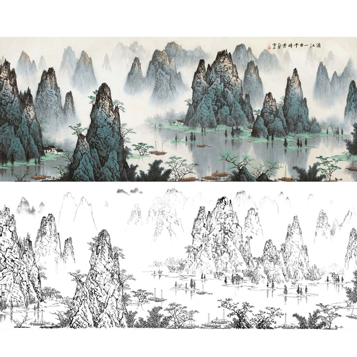 工笔画白描底稿白雪石高清横幅山水大幅实物打印线稿临摹勾线y504