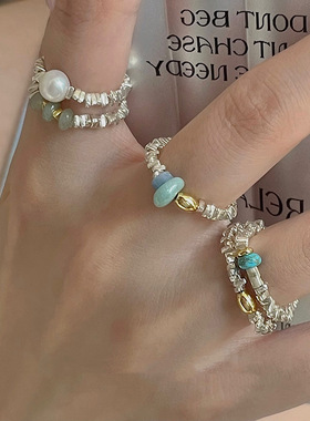 碎银子天然石戒指女ins食指弹力金色手工弹力绳指环2022年新款潮