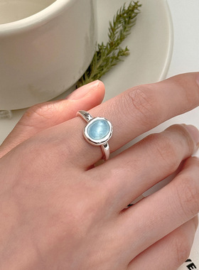 小清新海蓝宝戒指女开口可调节指环创意个性ins风感时尚气质