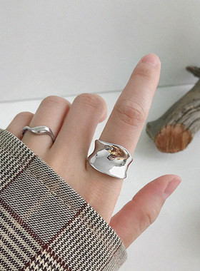 网红同款S925纯银定制戒指夸张不规则圆弧凹面宽面女戒指开口指环
