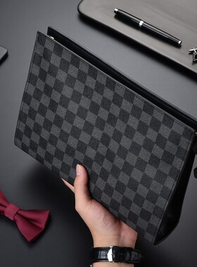 潮牌手包男士手拿包棋盘格子时尚手抓包夹包大容量商务休闲手拎包