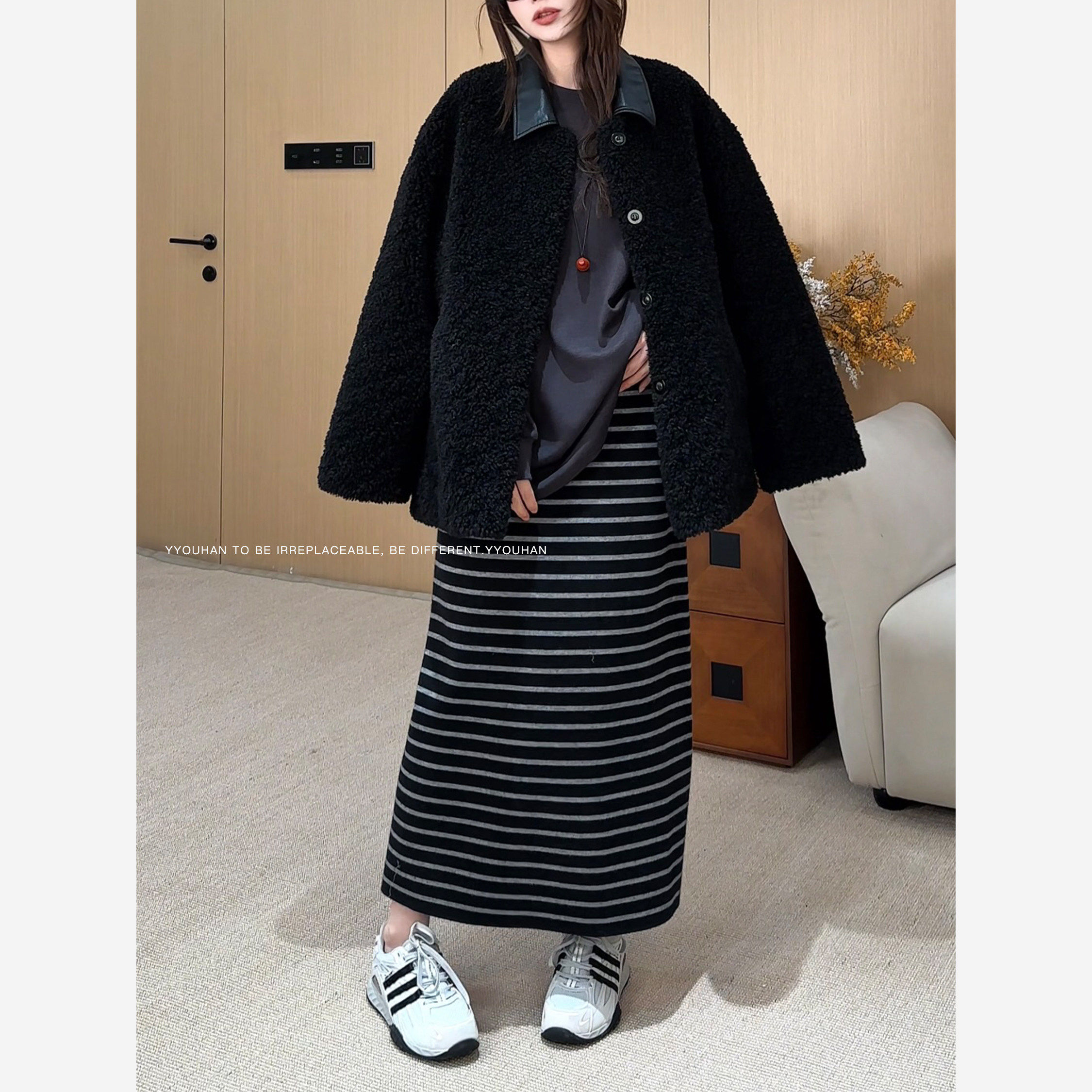欧美休闲风黑色条纹针织半身裙女高腰显瘦中长款直筒裙包裙