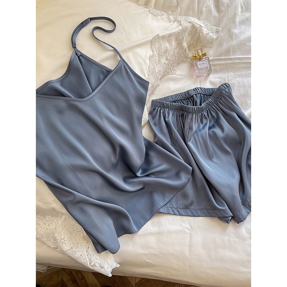 金三塔真丝吊带睡衣女士性感纯色背心短裤100%桑蚕丝V领家居服两