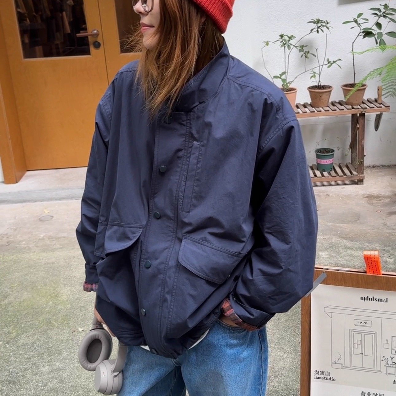 iamstudio 秋季新品4750毒家宽松短款小立领风衣外套内里拉毛格子