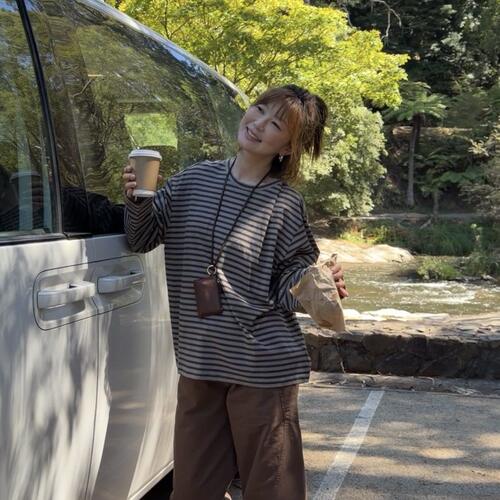 iamstudio 春夏bi备 6500轻薄宽松条纹长袖T恤 侧缝对齐