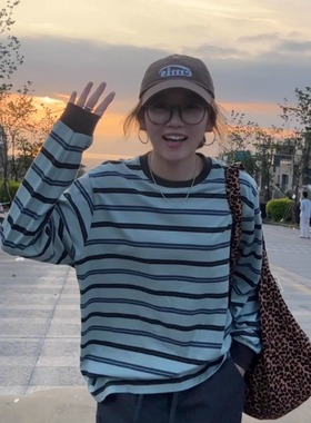 iamstudio 秋款新品8310毒家定制撞色蓝咖条纹T恤 侧缝条纹对齐