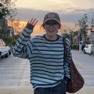 iamstudio 秋款新品8310毒家定制撞色蓝咖条纹T恤 侧缝条纹对齐