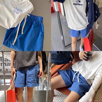 iamstudio多巴胺宝蓝色休闲短裤 松紧腰不限身材返场 3526