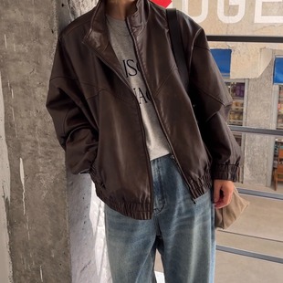 iamstudio 秋冬重磅2340成衣水洗复古棕飞行员夹克皮衣外套