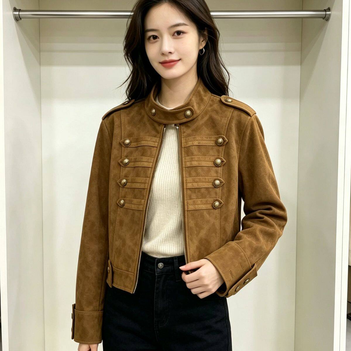抹茶拿破仑立领短外套秋女秋收腰夹克高级感上衣