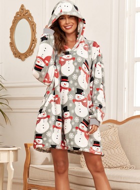 Christmas home clothes hooded flannel coat can be worn outs