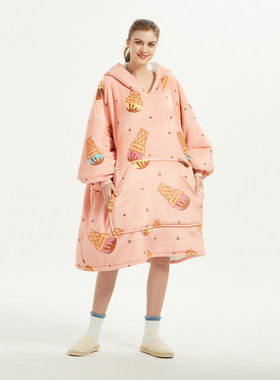 Lamb plush hooded lazy blanket loose oversized printed swea