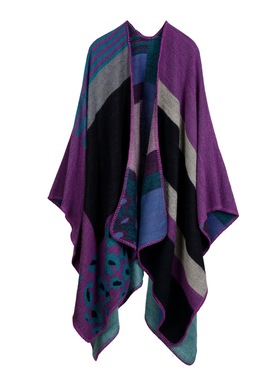 Split warm jacquard shawl draped over shoulders, imitating