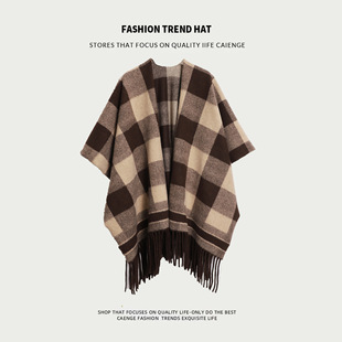 women oversized Imitation cloak shawl thick jacket plaid