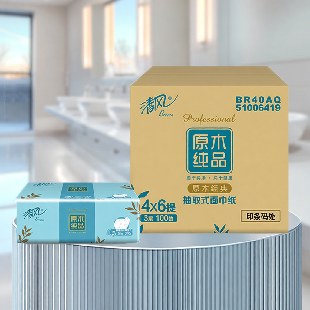 清风抽纸原木纯品3层100抽24包纸巾整箱母婴可用直发BR40AQ